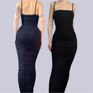 J LUX LABEL  black ruched maxi dress (perfect for a wedding or black tie event)